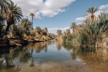 Tranquil oasis river, palm trees, calm water