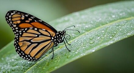 Obraz premium Stunning monarch butterfly resting on vibrant green leaf with sparkling dew drops in tranquil garden