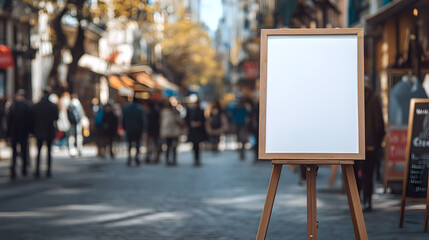 Simple wooden A-frame sandwich board sign on pedestrian walkway, providing space for branding, restaurant specials, event advertising, or local business promotions.