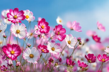 Vibrant Pink And White Cosmos Flowers Field