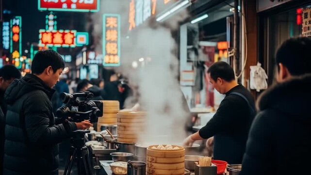 Busy chinatown street vendor preparing food with steam rising suitable for food, culture, and bustling cityscape concepts.