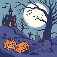 Fototapeta premium Spooky Halloween night with haunted house graveyard and jack o lanterns under full moon vector