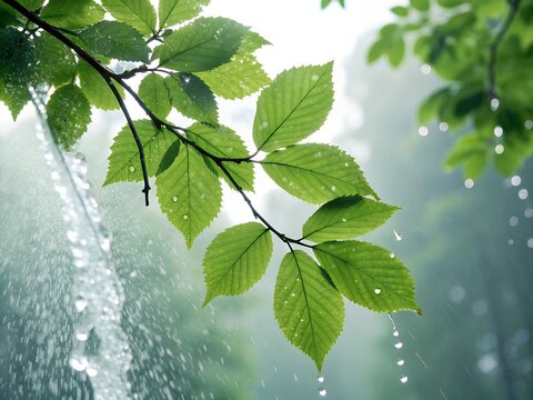 Fresh green leaves on a tree branch are covered with clear water drops as rain falls gently, creating a refreshing natural scene in the forest. - Powered by Adobe