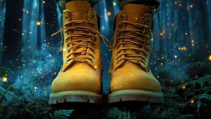 Tan leather boots stand on forest floor, surrounded by ethereal blue light and glowing particles, suggesting a mystical or adventurous setting