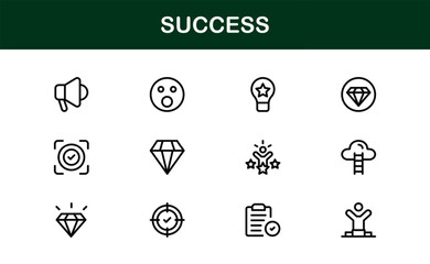 Professional Success Icon Collection with Minimal Line Art Featuring Motivation, Victory, Rewards, and Growth Graphics