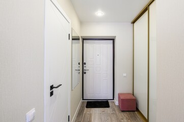 modern entryway with white doors, light walls, a mirror, a dark-framed main door, wood flooring,...