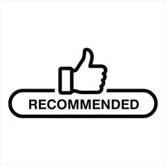 Black thumbs up icon with recommended text on white background approval endorsement 1