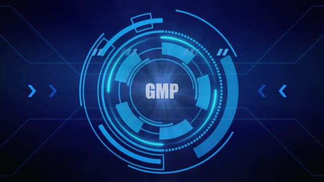 Abstract neon glowing technology of" GMP, for High-Speed Mobile Connectivity, Holographic Display, Financial Data Visualization, Digital Symbol in Futuristic Interface