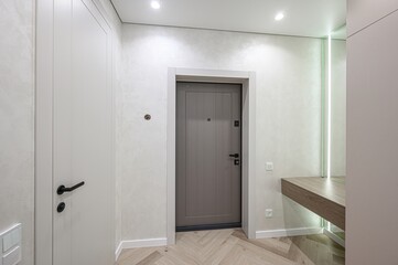 modern entryway with white walls, a light wood floor, and a gray door. A white closet door is on the left, a vanity with a lit mirror on the right