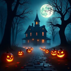 Scary Halloween Night Scene with Haunted House and Glowing Jack-o'-Lanterns