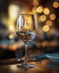 Glass of water stands on the table in a warmly lit restaurant, use for menu image