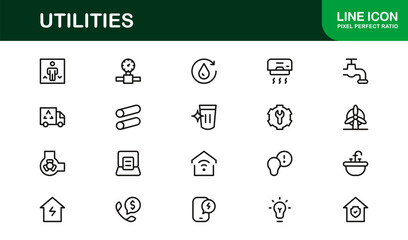 Utilities Line Icon Set – Professional Modern Minimalist Symbols in Thin Outline Style, Vector Line Icon Collection