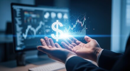 Businessman holding glowing dollar symbol and financial chart with stock market data on computer screen