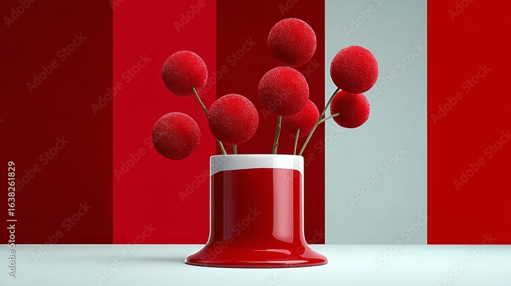 Poster red vase with red flowers in it. the flowers are arranged in a way that they look like they are in a