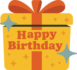 Festive yellow gift box with orange ribbon and happy birthday message celebration cheerful