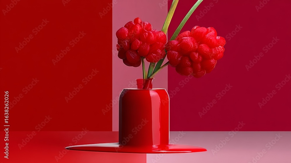 Poster red vase filled with red flowers sits on a table. the flowers are arranged in a way that they are al