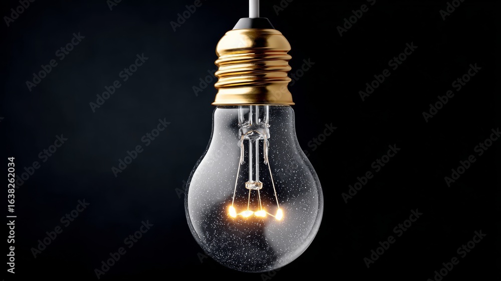 Poster light bulb is lit up and is hanging from a wire. the light bulb is glowing and is surrounded by a cl