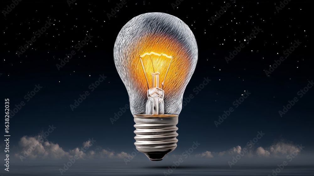 Poster light bulb is floating in the air above a cloudy sky. the light bulb is lit up, creating a warm and 