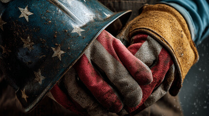 American flag welding helmet with gloves showing patriotism and hard work in the united states