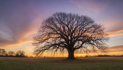Vast Bare Tree Stands Alone Under a Serene Purple and Orange Sunset