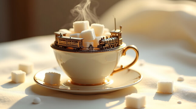 A delicate miniature train with intricate details and a shiny metallic finish surrounds a cute teacup with a delicate handle and saucer, surrounded by sugar cubes stacked like miniature buildings.
