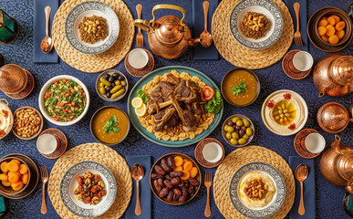 Top View Of Family Style Iftar Table With Various Traditional Dishes