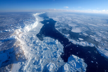 Massive ice shelf breaks apart near coastline, revealing deep blue waters in polar region during daytime