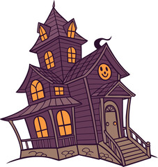 Whimsical Cartoon Haunted House with Glowing Orange Windows and Jack-o- Lantern Face spooky Halloween