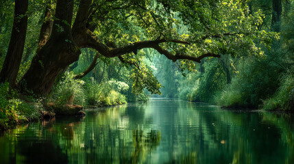 Obraz premium Serene riverside scene with lush greenery and still waters reflecting sunlight in the forest at midday