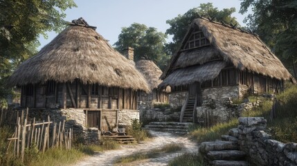 Charming Medieval Village with Thatched Roof Houses in Nature