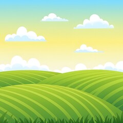 Obraz premium Scenic cartoon vector illustration of a beautiful rural landscape with rolling green hills under a bright summer sky.