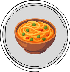 Spaghetti Bowl Vector – Cartoon Pasta with Vegetables and Tomato Sauce on Transparent Background