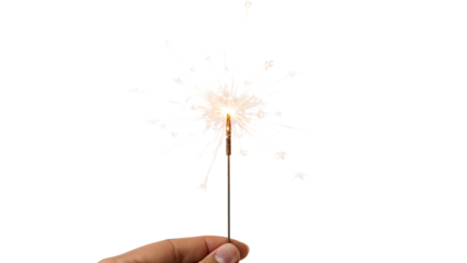 Hand holding sparkler with bright golden sparks on the transparent background, celebratory festive firework for party, holiday, or new year