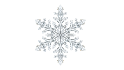 Crystal snowflake isolated on the transparent background, detailed winter ice macro, symmetrical frozen pattern for seasonal decoration and holiday design
