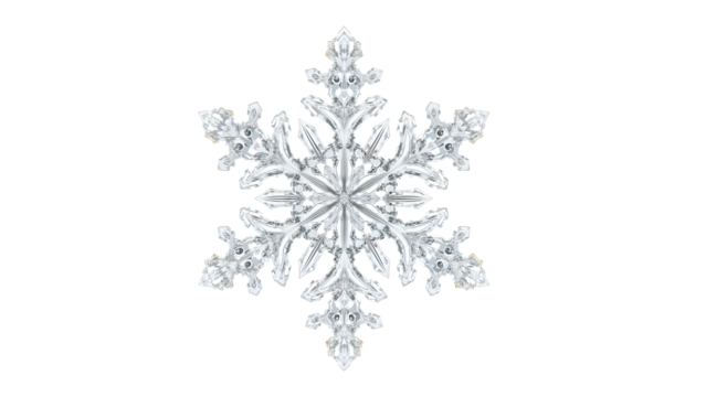 Crystal snowflake isolated on the transparent background, detailed winter ice macro, symmetrical frozen pattern for seasonal decoration and holiday design