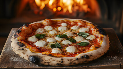 Freshly baked Italian Margherita pizza served hot from wood-fired oven, classic Neapolitan recipe with tomato, mozzarella, and basil on golden rustic dough.
