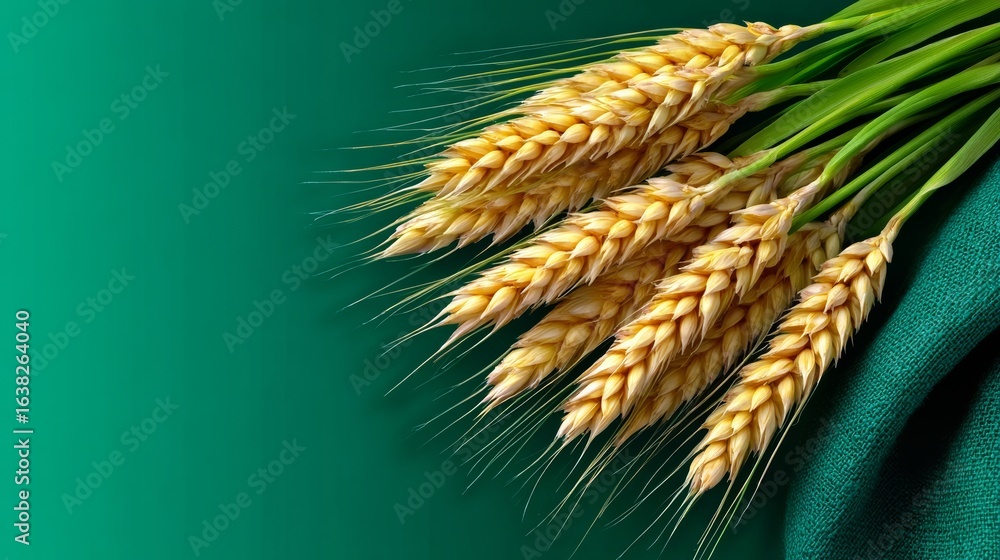 Aufkleber bunch of golden wheat is displayed on a green background. the wheat is arranged in a way that it loo