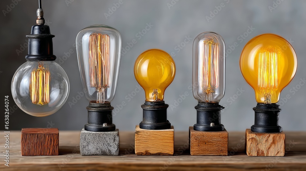 Poster row of vintage light bulbs are displayed on a wooden table. the bulbs are of different shapes and si