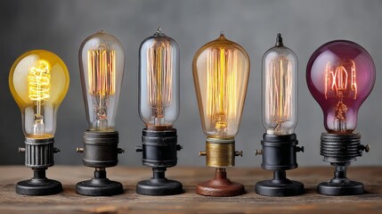 Row of vintage light bulbs with different colors and shapes. The bulbs are arranged in a row on a wooden surface