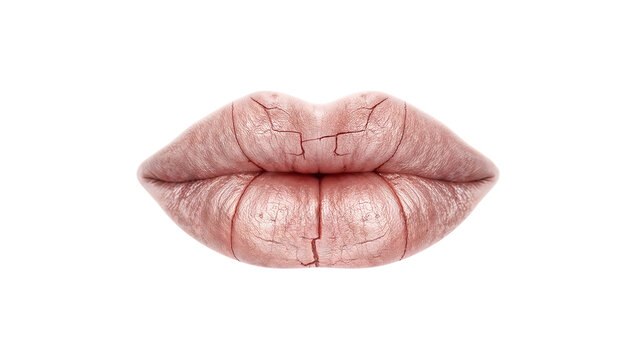 Closeup of dry chapped lips with cracks isolated on the transparent background highlighting skin dehydration and lip care issues