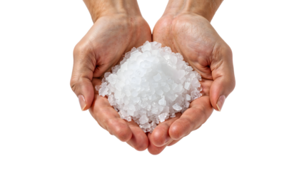 Hands holding coarse sea salt crystals on the transparent background natural mineral culinary ingredient wellness spa concept