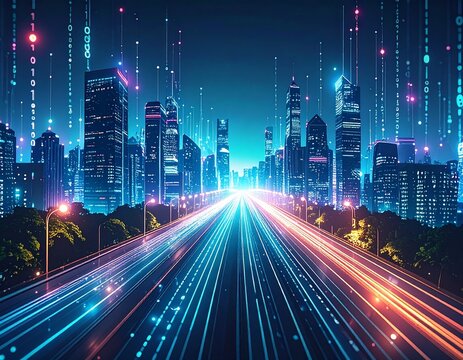 Futuristic cityscape highway with digital data streams flowing through the city.