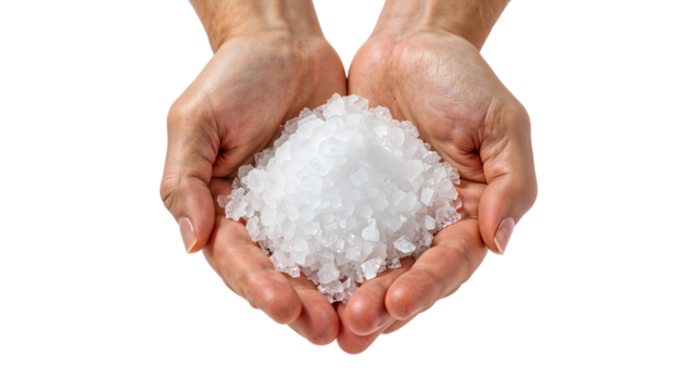 Hands holding coarse sea salt crystals on the transparent background natural mineral culinary ingredient wellness spa concept