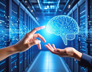 Two hands reaching towards a digital brain graphic,  within a server room setting, symbolizing artificial intelligence.