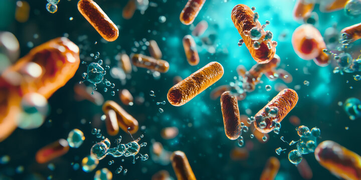 Microscopic view of bacteria and particles in a glowing liquid environment