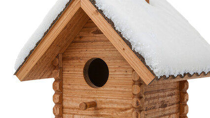 Wooden birdhouse covered with fresh snow on roof in winter season isolated on the transparent background