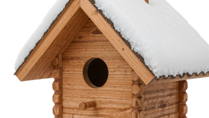 Wooden birdhouse covered with fresh snow on roof in winter season isolated on the transparent background