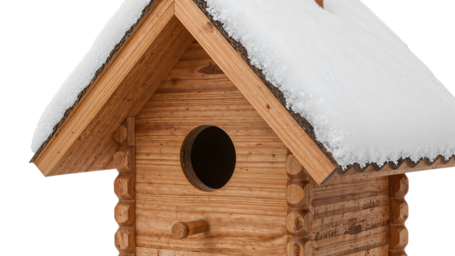 Wooden birdhouse covered with fresh snow on roof in winter season isolated on the transparent background