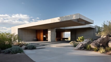 Fototapeta premium Minimalist Desert House with Flat Roof Surrounded by Nature