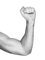 Human hand in dotted pop art style show muscles, bicep. Mans fist punching the air. Collage element isolated on transparent background for mixed media, sport magazine, poster or infographic design
